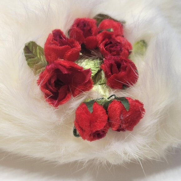 Vintage Small White Furry Muff with Red Velvet Flowers - Picture 5 of 8